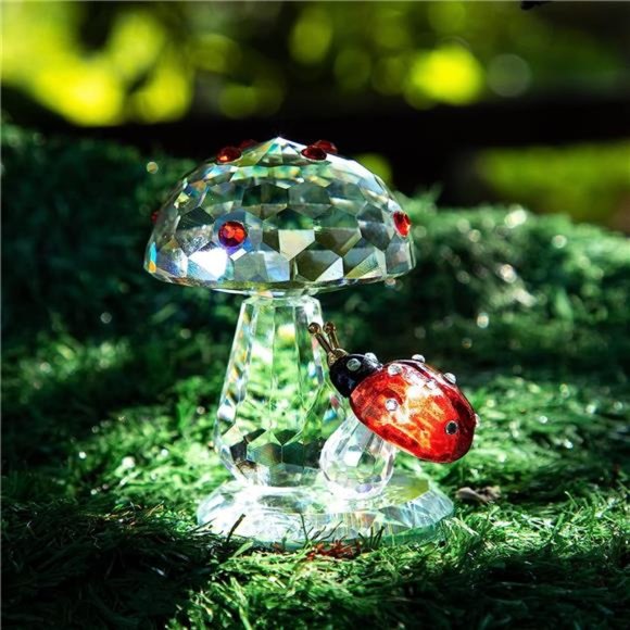Crystal Ladybug on Mushroom Figurine Statues Home Table Decoration Ornament - Picture 2 of 6